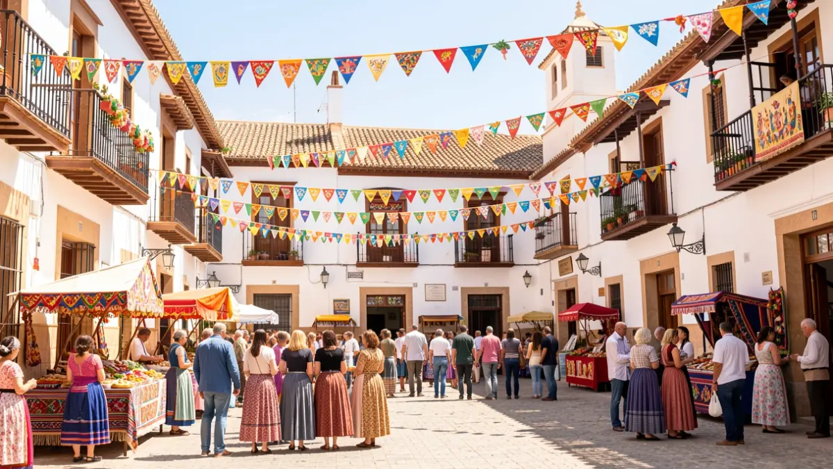 Plaza de un pueblo andaluz decorada para una feria local, con arquitectura tradicional y ambiente festivo.