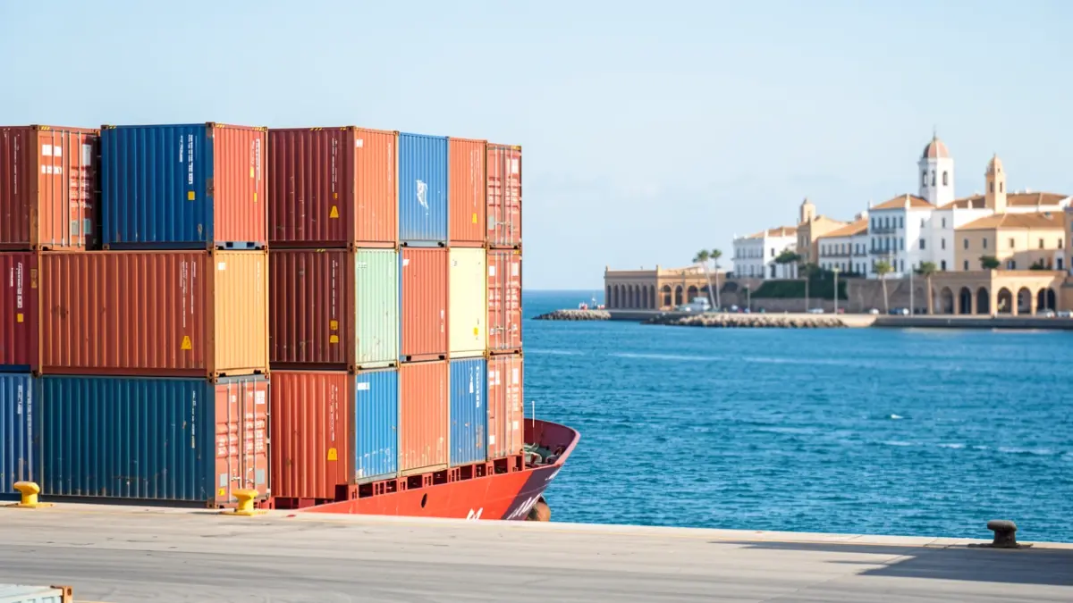 Cargo containers at the port of Cadiz with the Mediterranean Sea in the background.