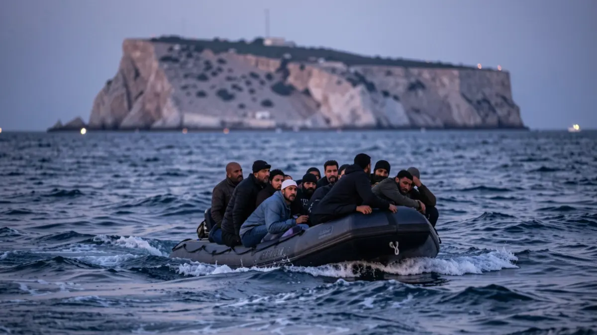 Embarcación neumática con migrantes cruzando el Estrecho de Gibraltar al atardecer.