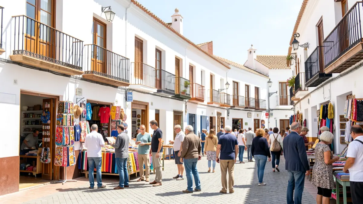 Imagen genérica de una plaza de pueblo andaluz con comercios locales y gente.