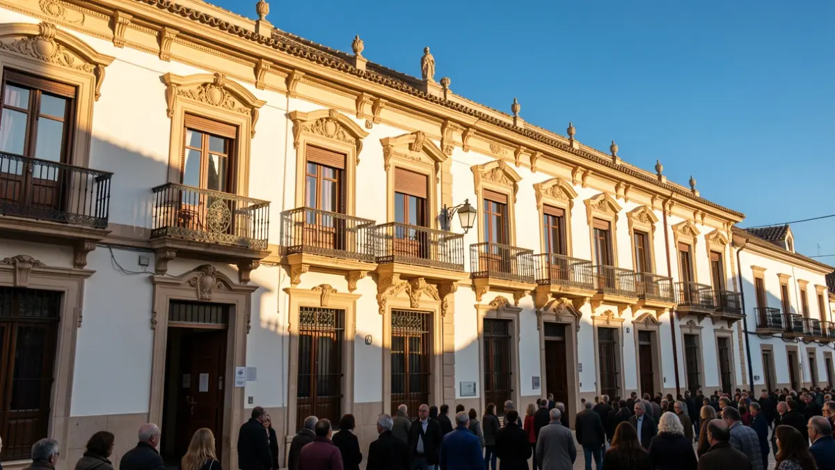 Fachada de un ayuntamiento andaluz tradicional con balcones ornamentados y barandillas de hierro, bajo la luz cálida de la tarde.