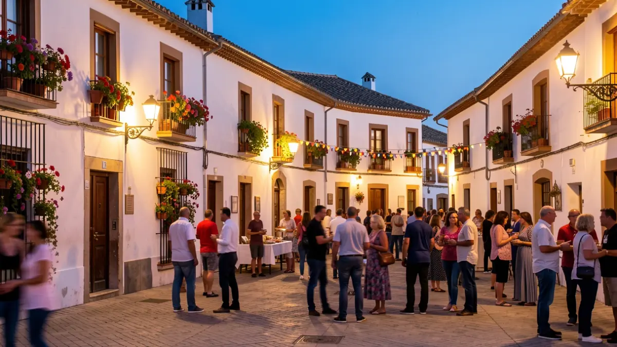 Andalusian town square decorated for a local festival at dusk, with people enjoying the atmosphere.