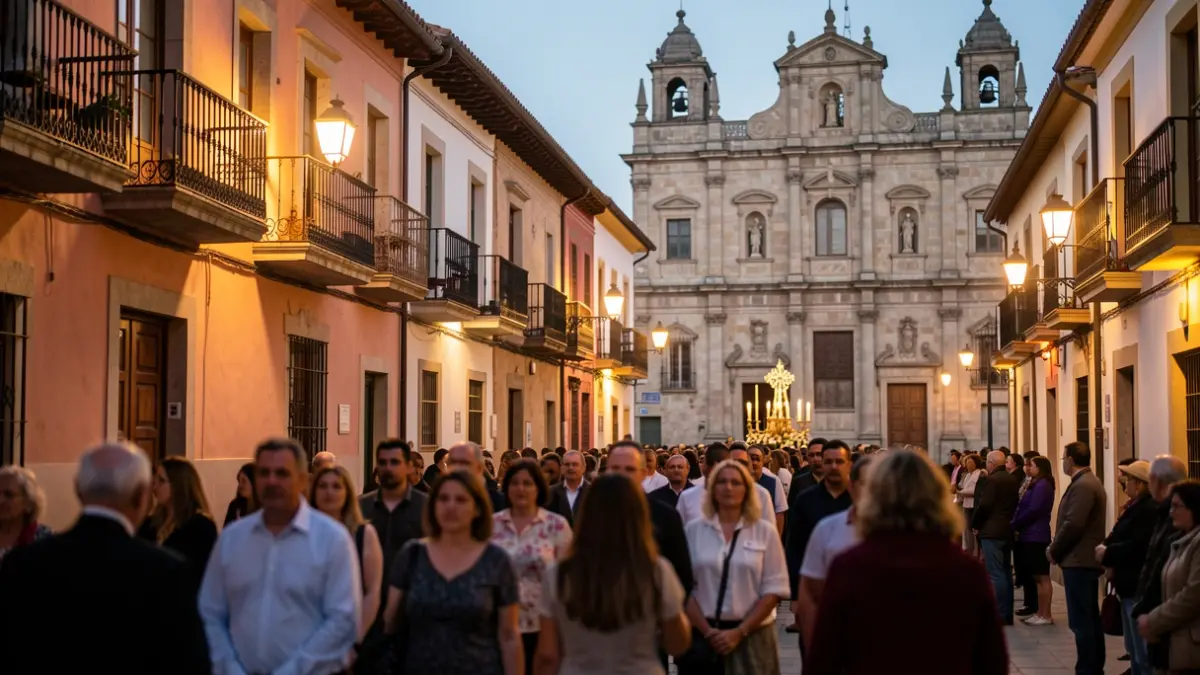 Generic image of a religious procession in a Spanish town square at dusk.