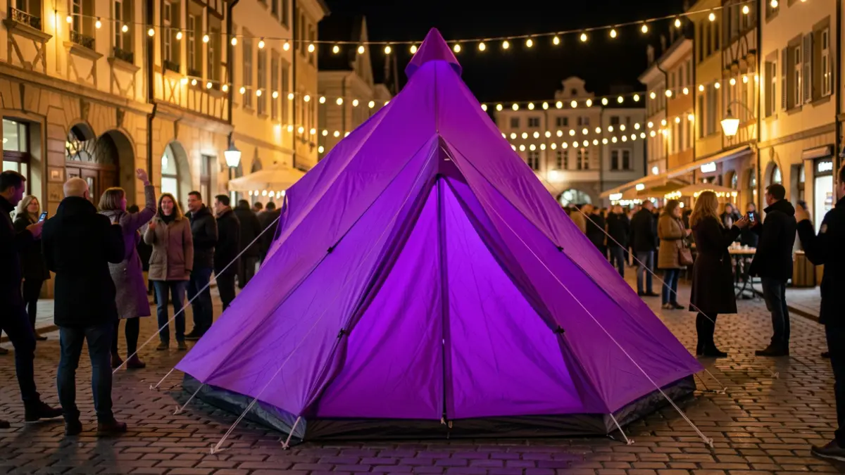 Purple Point tent set up in a festive town square at night.