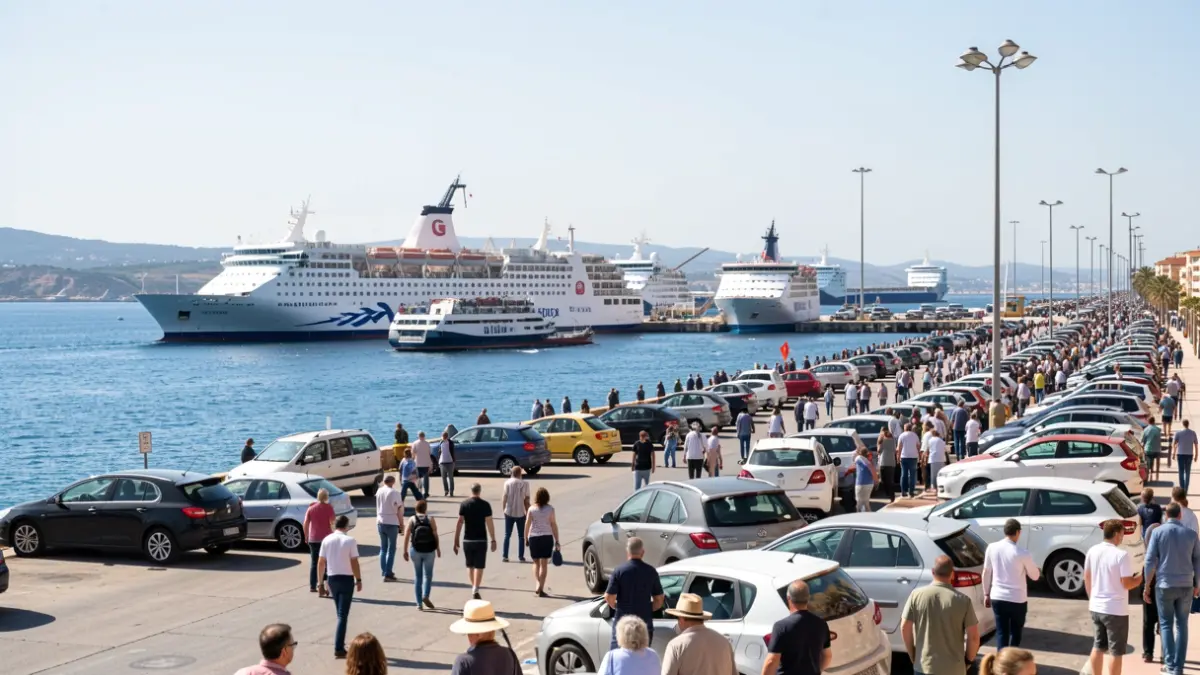 Imagen genérica de un puerto con ferris y coches durante la Operación Paso del Estrecho.