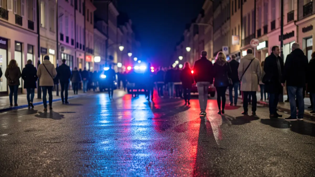 Imagen genérica de luces de emergencia policiales reflejando en asfalto mojado.