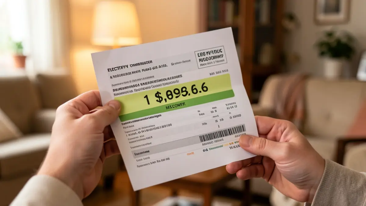 Close-up of a hand holding an electricity bill with a prominent discount.