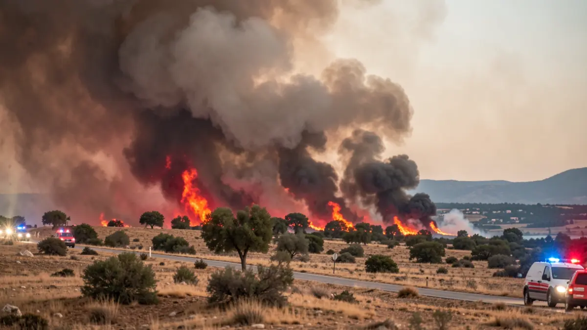 Image of a large forest fire with dense smoke and flames.