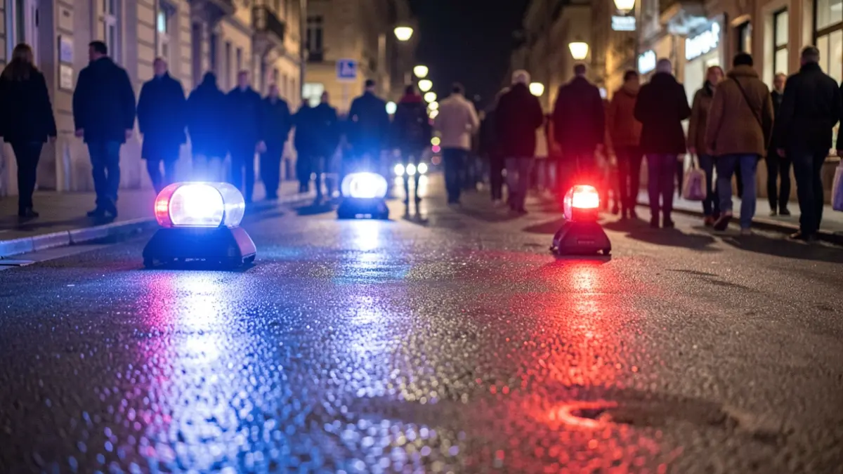 Imagen genérica de luces de emergencia policiales reflejándose en el asfalto mojado por la noche.