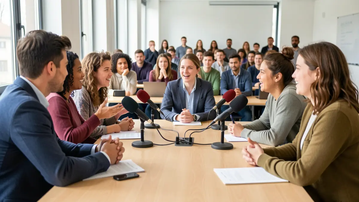 Estudiantes participando en un debate educativo en un aula.