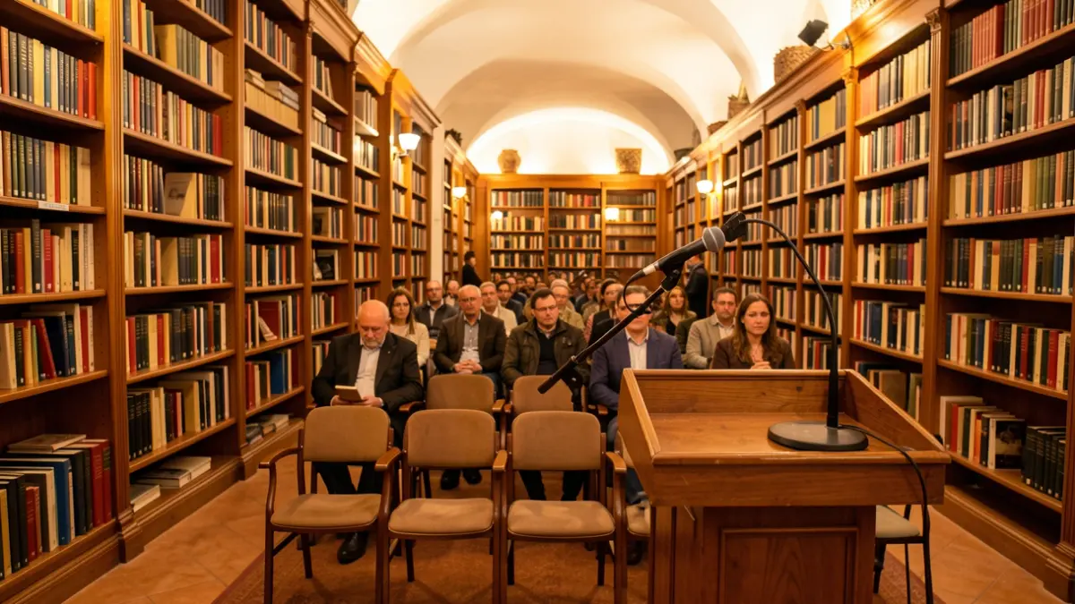 Generic image of an Andalusian library with a microphone on a podium.