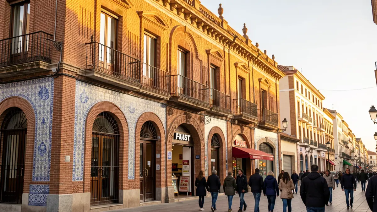 Facade of a historic regionalist building in Sevilla, with visible brickwork and azulejo tiles.