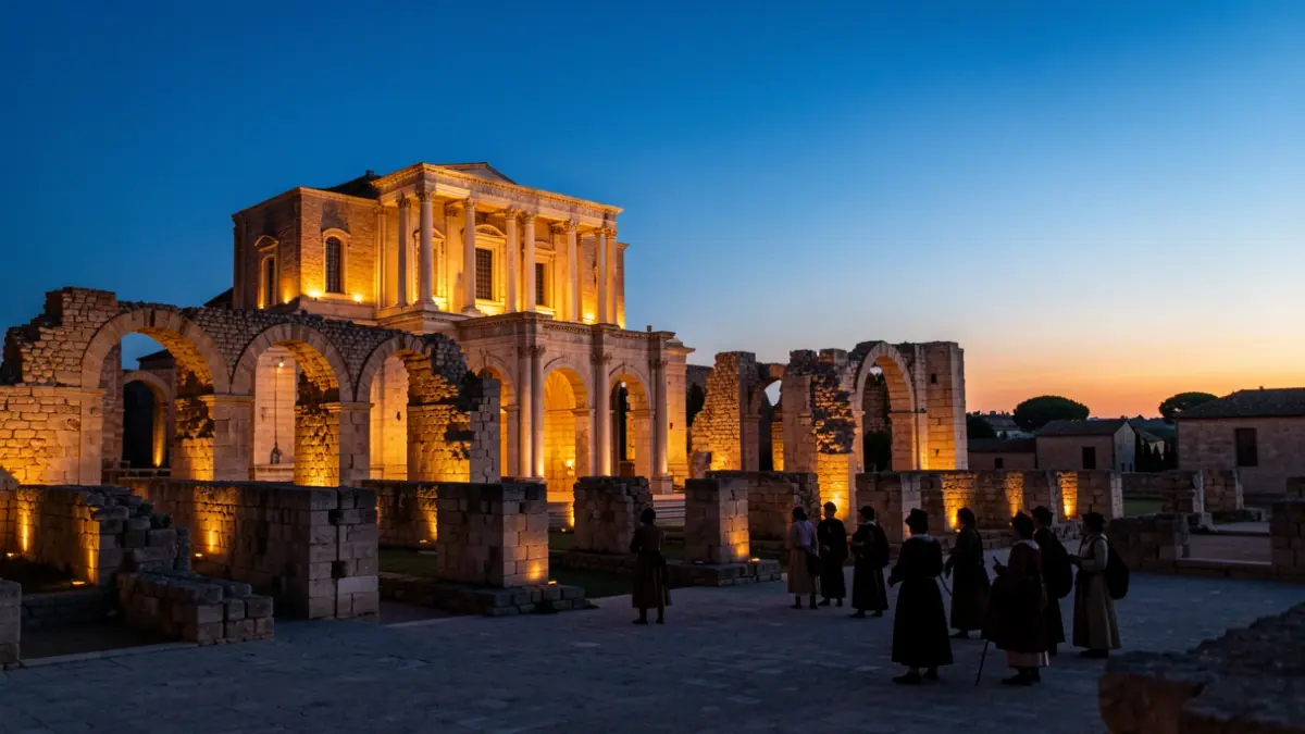 Medina Azahara ruins illuminated at dusk with silhouettes of medieval figures.