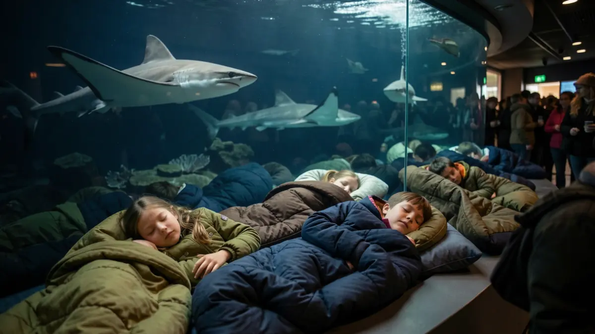 Imagen genérica de niños durmiendo en un acuario rodeados de animales marinos.