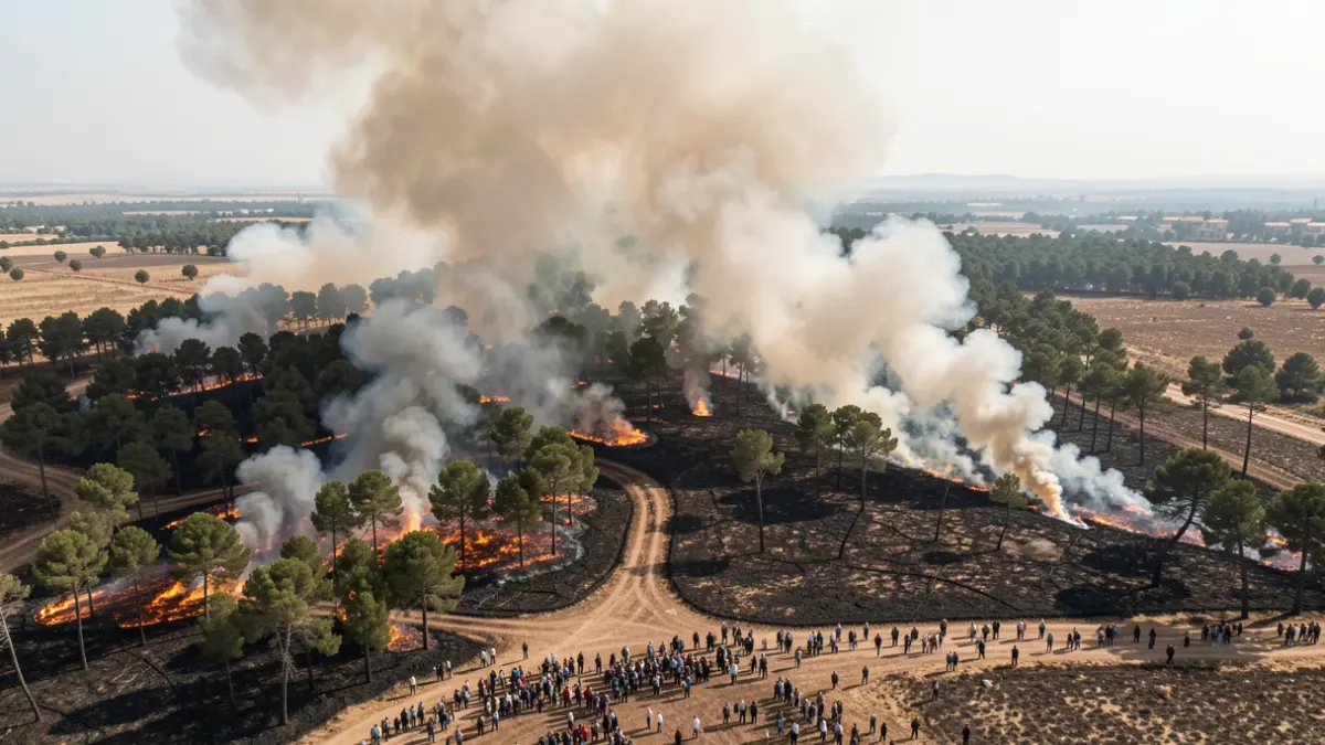Vista aérea de un gran incendio forestal en Andalucía con columnas de humo.