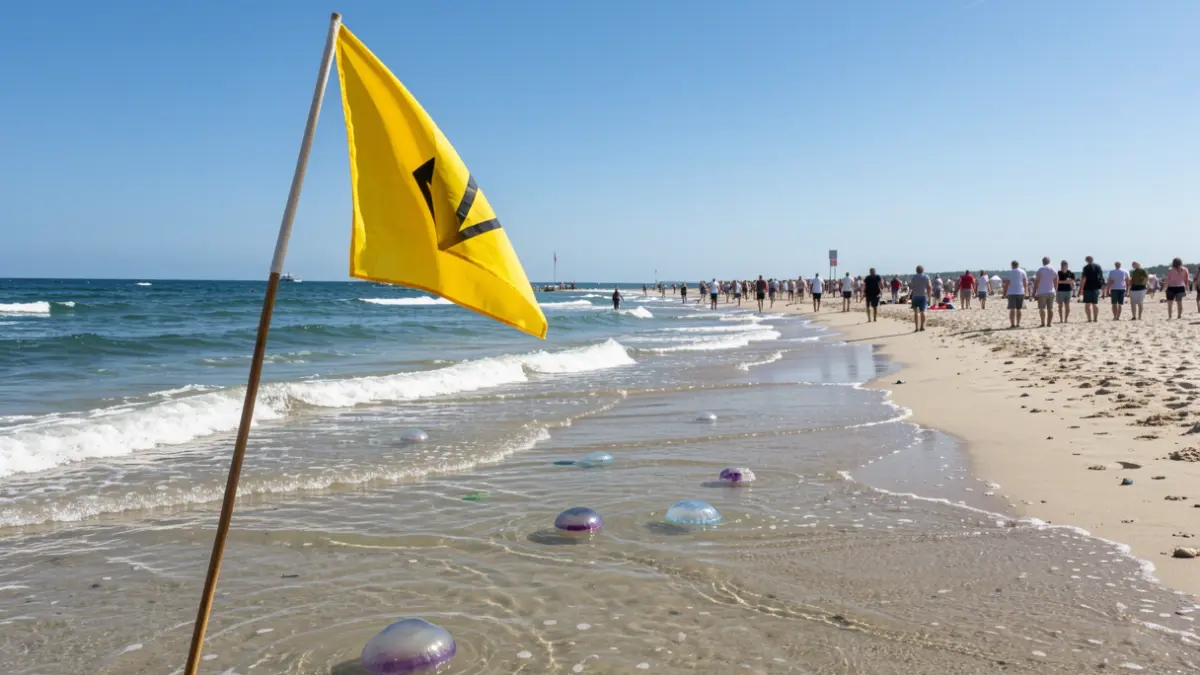 Bandera amarilla ondeando en la playa de Almuñécar debido a la presencia de medusas.