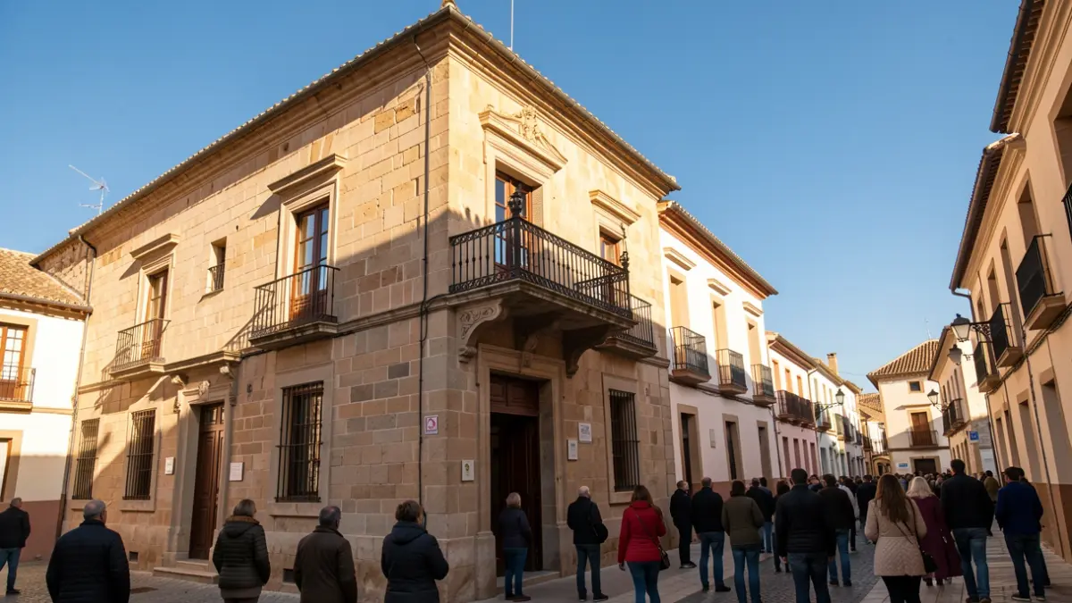 Facade of an Andalusian town hall with a balcony and iron railings, under the afternoon sunlight.