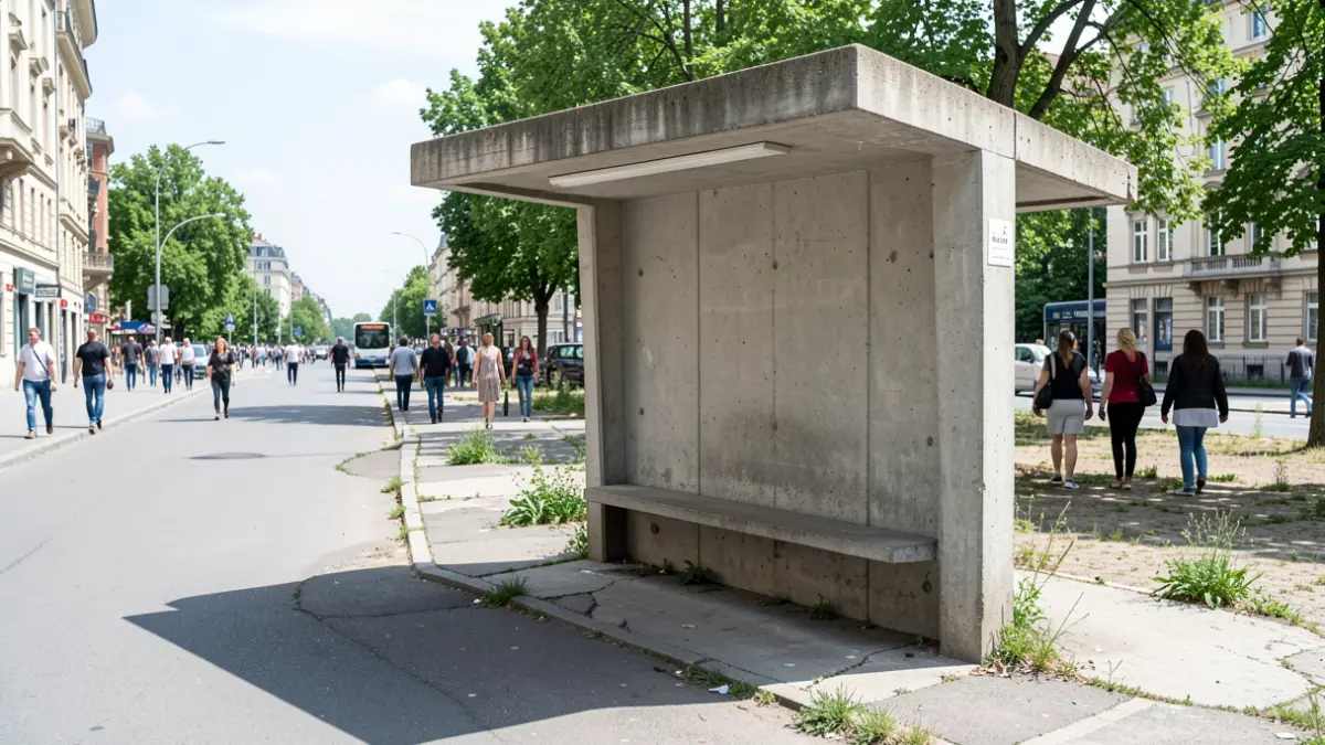 Concrete bus shelter at a bus stop on Juan Carlos I Avenue in Jerez.