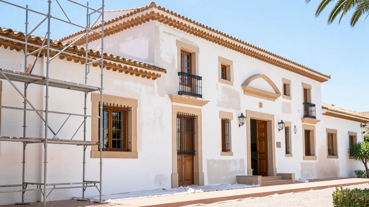 Facade of the Casa de la Cultura in Las Lagunas, Mijas, during painting and maintenance work.