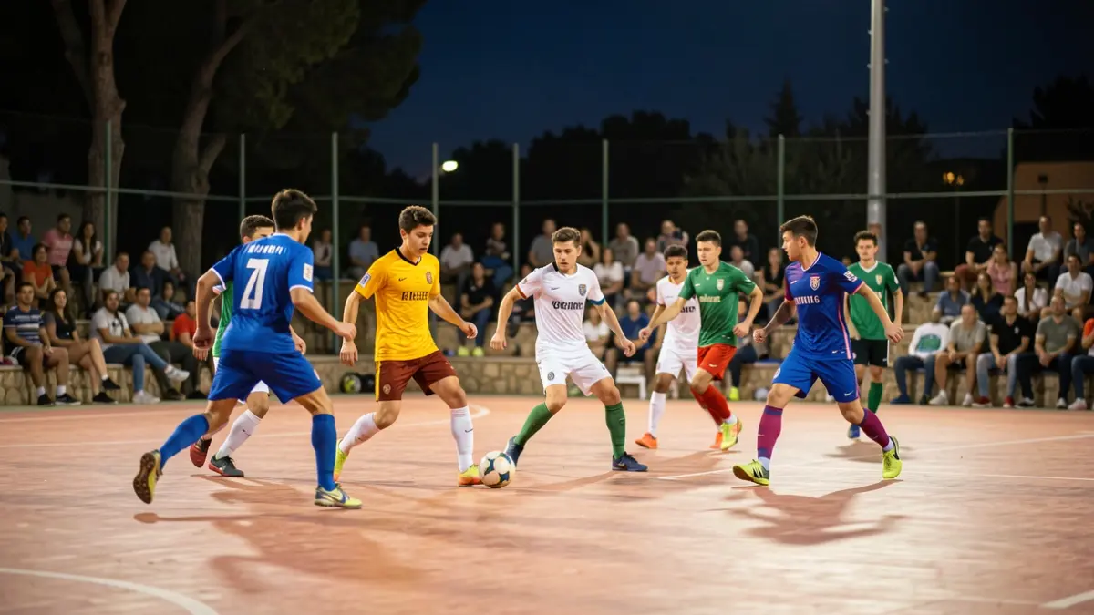 Imagen de jóvenes jugando al fútbol sala en un torneo nocturno.