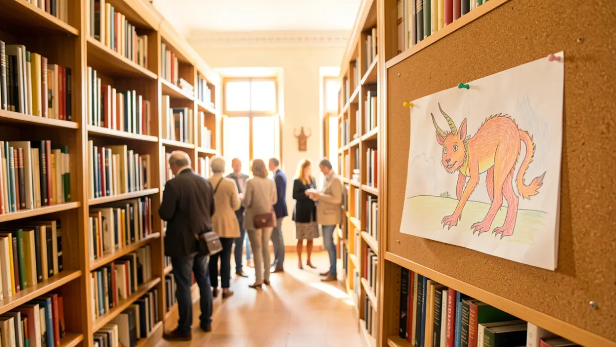 Imagen de una biblioteca andaluza con libros y un dibujo infantil.