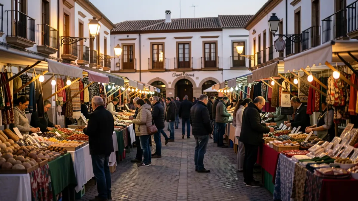 Generic image of an open-air market in an Andalusian square at dusk.
