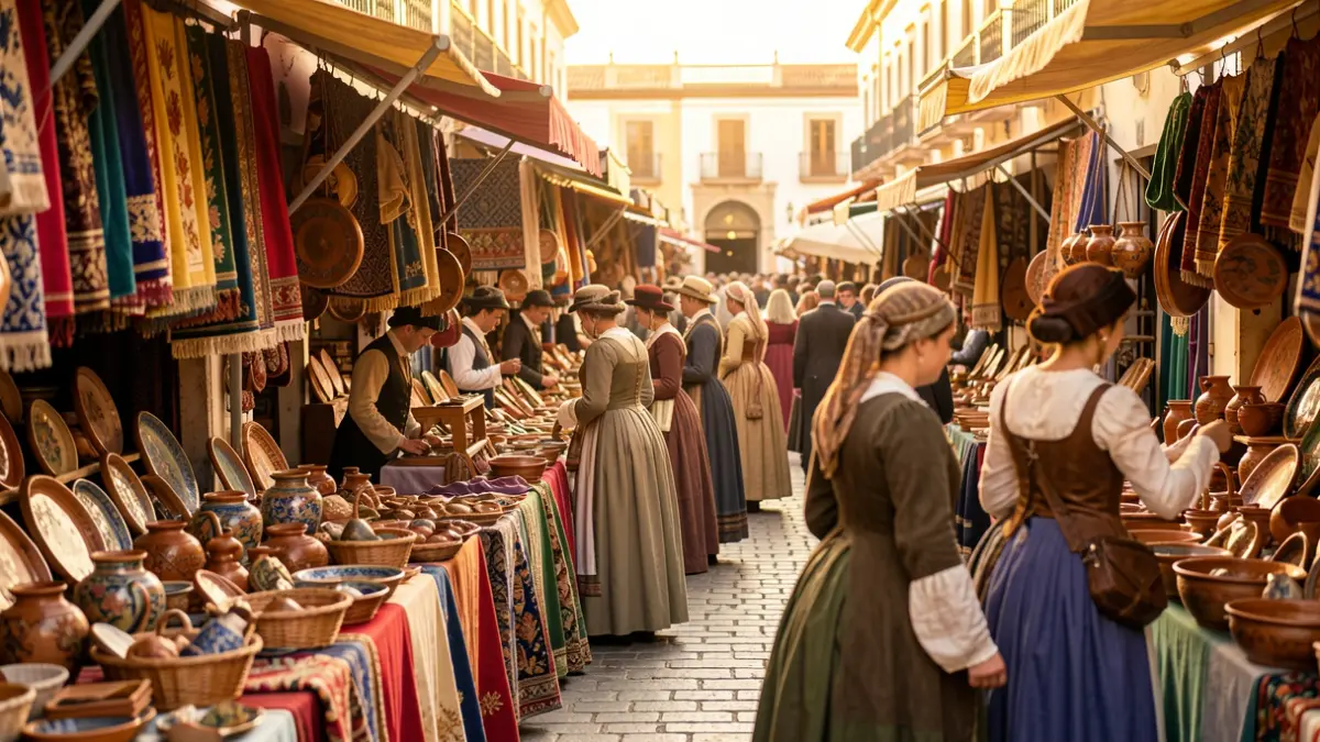 Generic image of a historical Andalusian market in Cádiz with colorful stalls and a festive atmosphere.