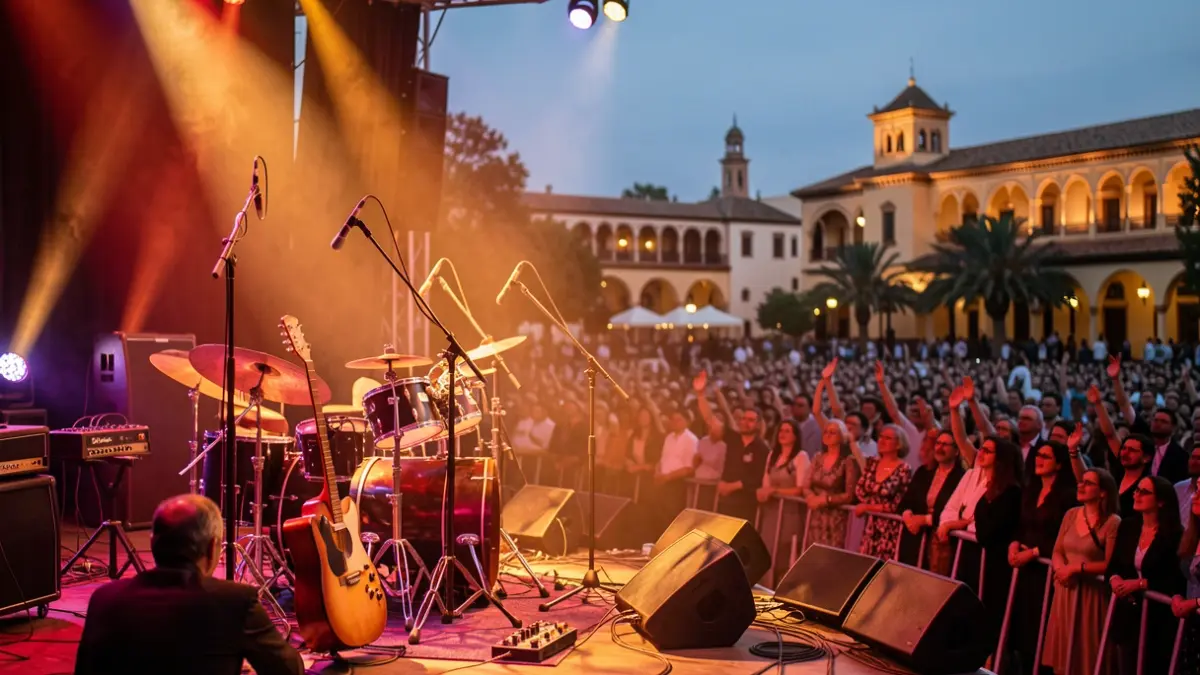 Concert scene with illuminated stage and blurred audience in the background.