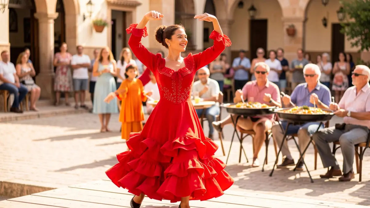Imagen de una bailaora flamenca actuando en la plaza Virgen de la Peña de Mijas durante la celebración del Día del Turista.