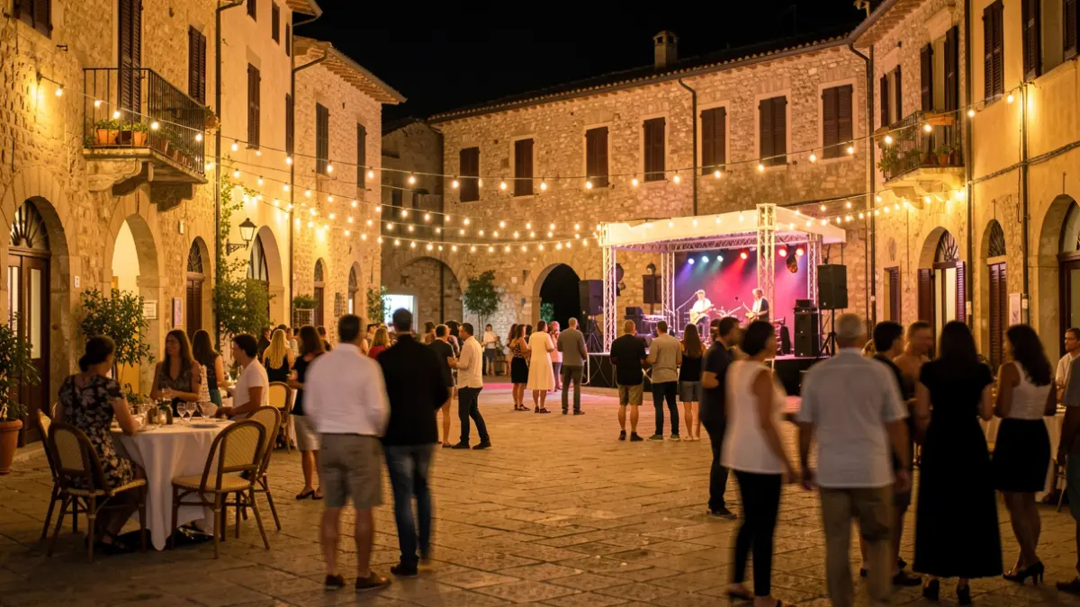 Generic image of a Mediterranean plaza illuminated at night with a festive atmosphere.