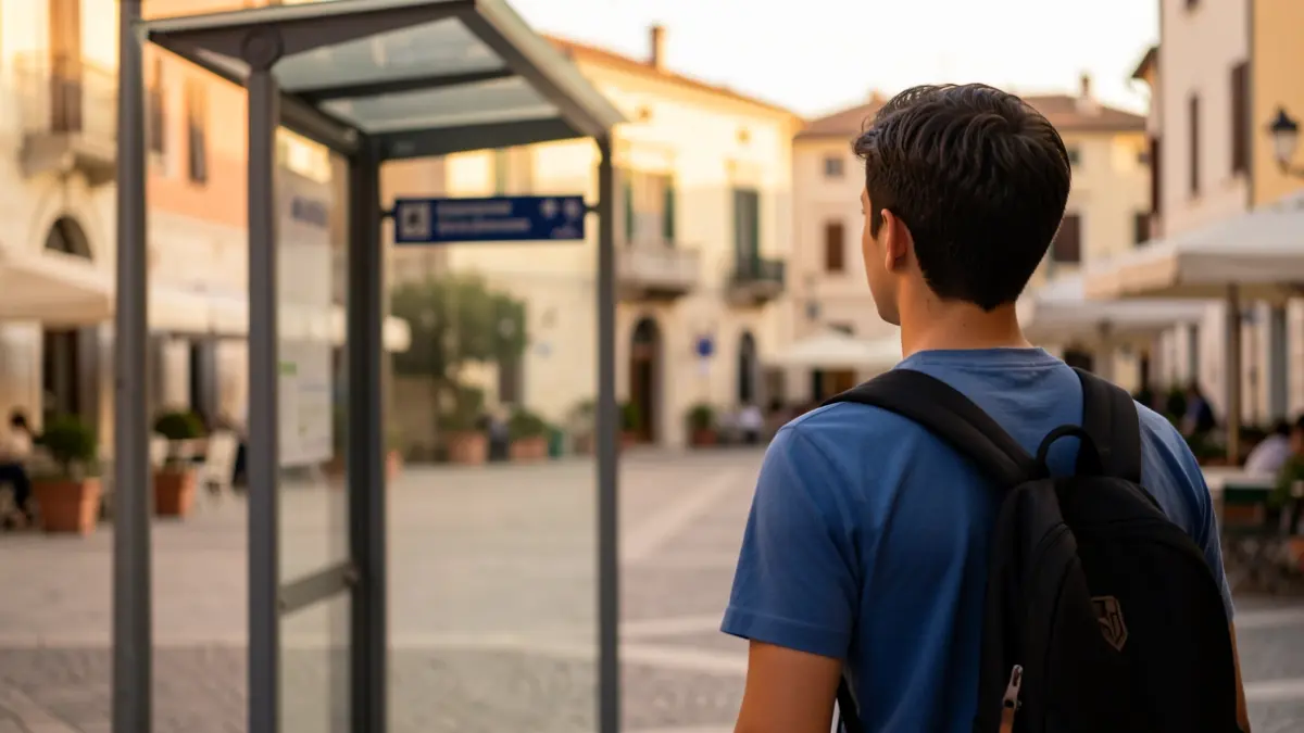 Imagen genérica de un estudiante mirando una parada de autobús en Mijas al atardecer.