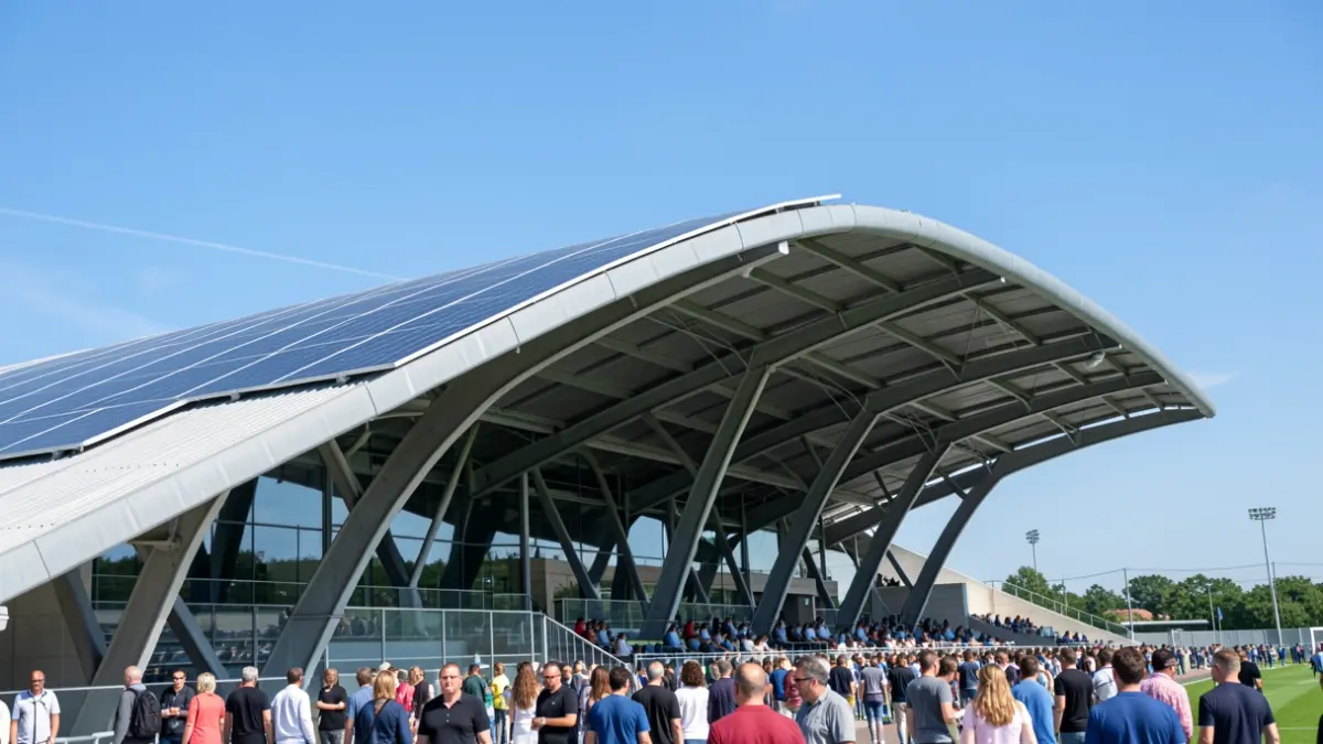 Image of a sports center's roof with solar panels.