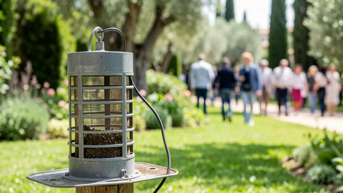 Imagen genérica de un dispositivo de control de insectos en un entorno de parque.