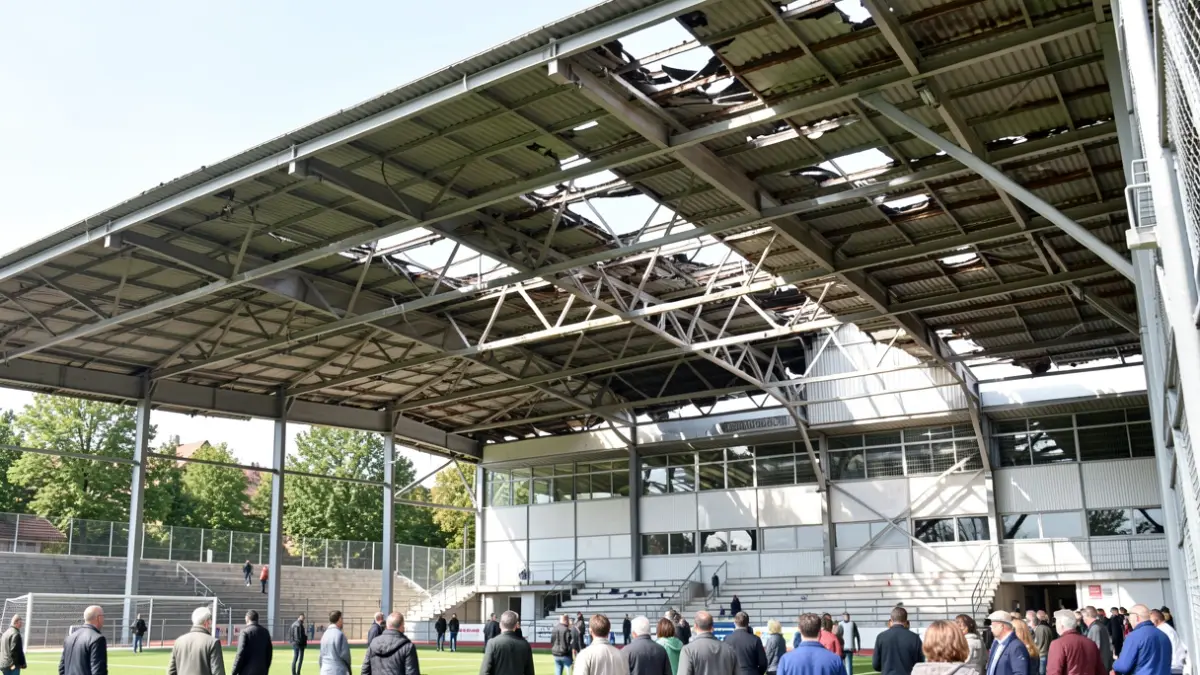 Exterior view of a public sports facility with a damaged roof.