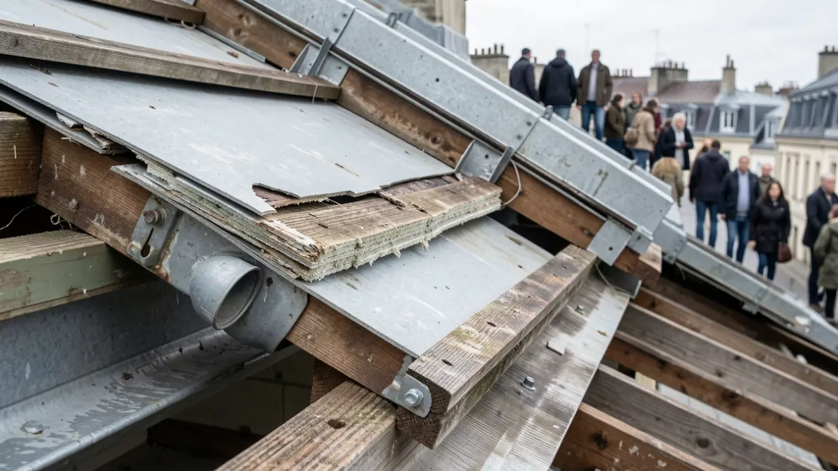 Detail of a damaged roof in a sports facility.