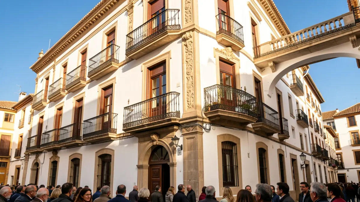 Facade of an Andalusian town hall with ornate balconies and white walls under the sun.