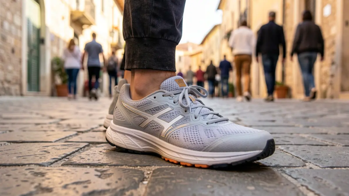 Imagen de una zapatilla de deporte sobre pavimento de piedra en un entorno urbano mediterráneo.
