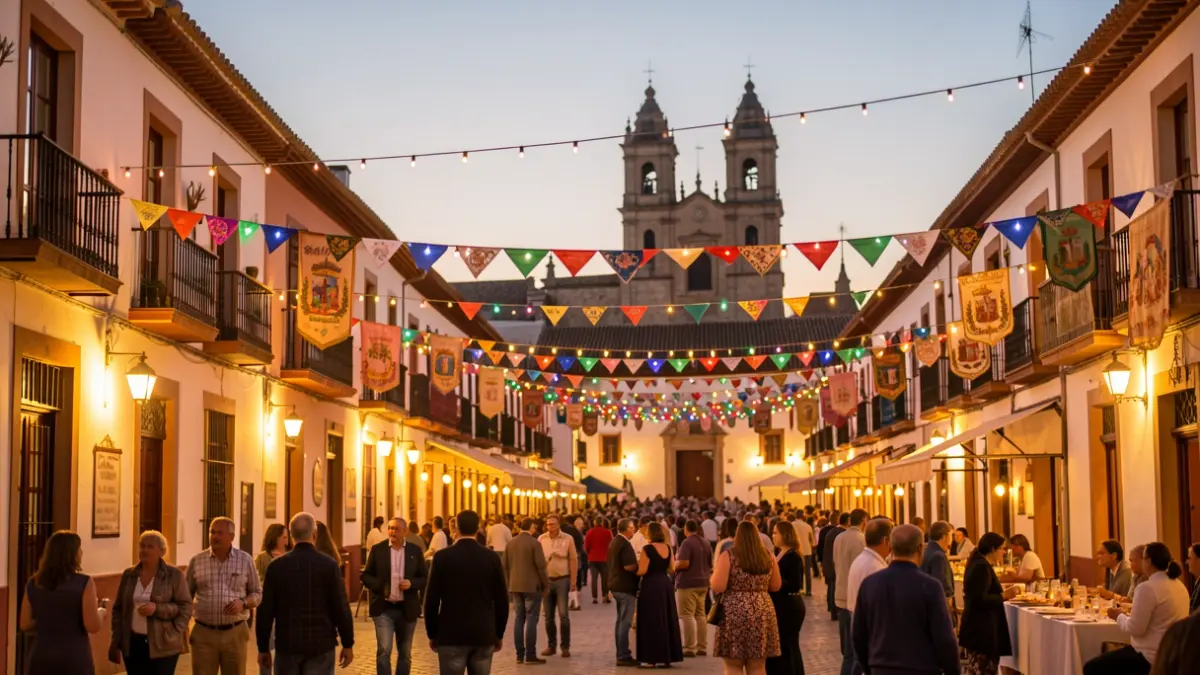 Generic image of an Andalusian town square illuminated at night during a festival.