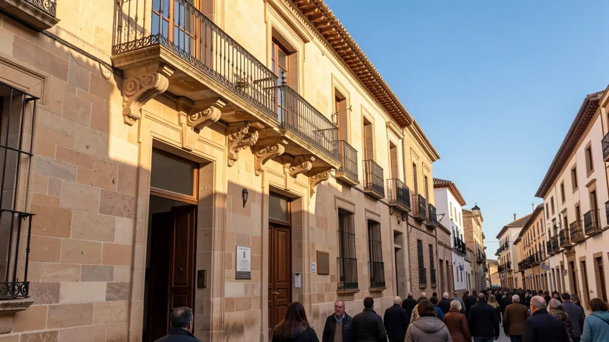 Facade of an Andalusian town hall with balcony and iron railings, afternoon sunlight.