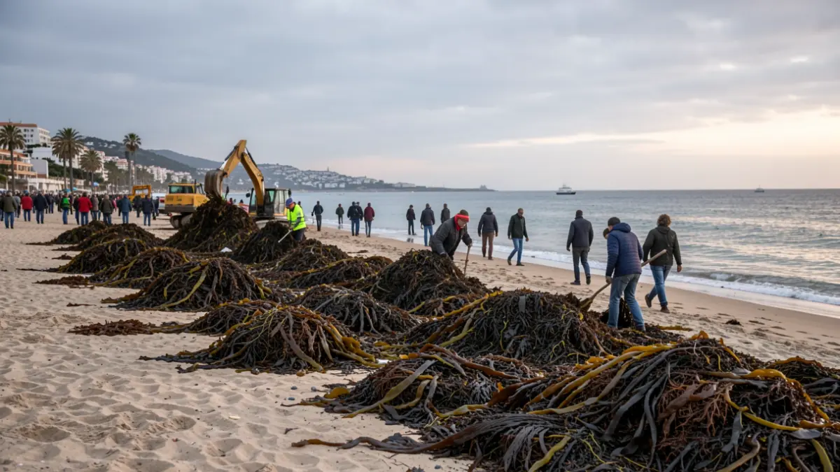Workers and machinery removing invasive seaweed from the beaches of Mijas at dawn.