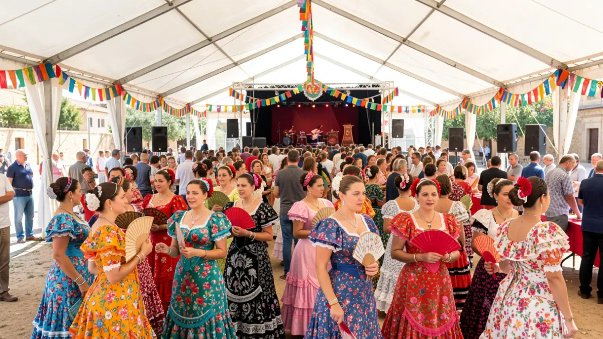 Image of women dressed in flamenco attire at a festive event in Almería.