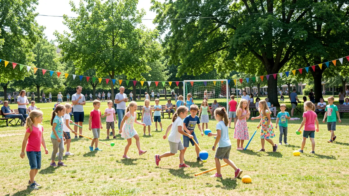 Niños participando en actividades de verano en un parque soleado.