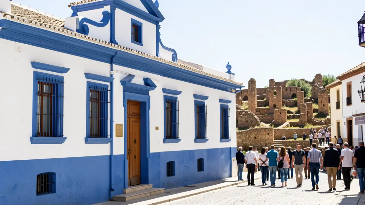 Fachada de una oficina de turismo en Mojácar con arquitectura tradicional blanca y azul, vistas a ruinas arqueológicas.