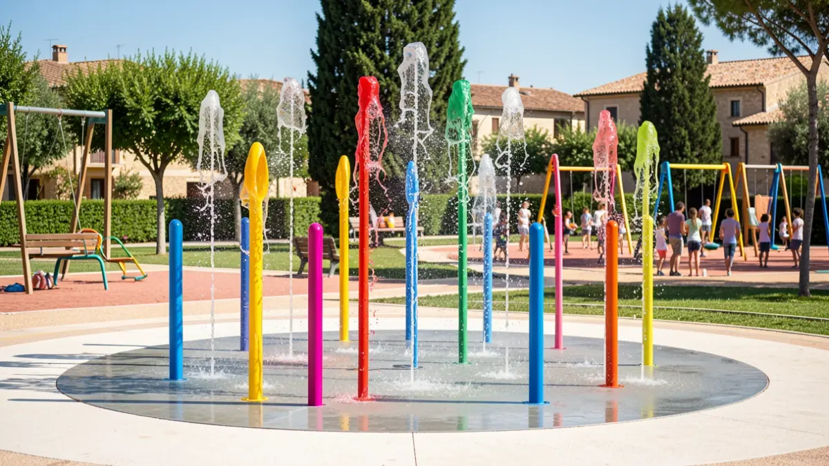 Imagen genérica de una fuente de juegos en un parque infantil con chorros de agua.