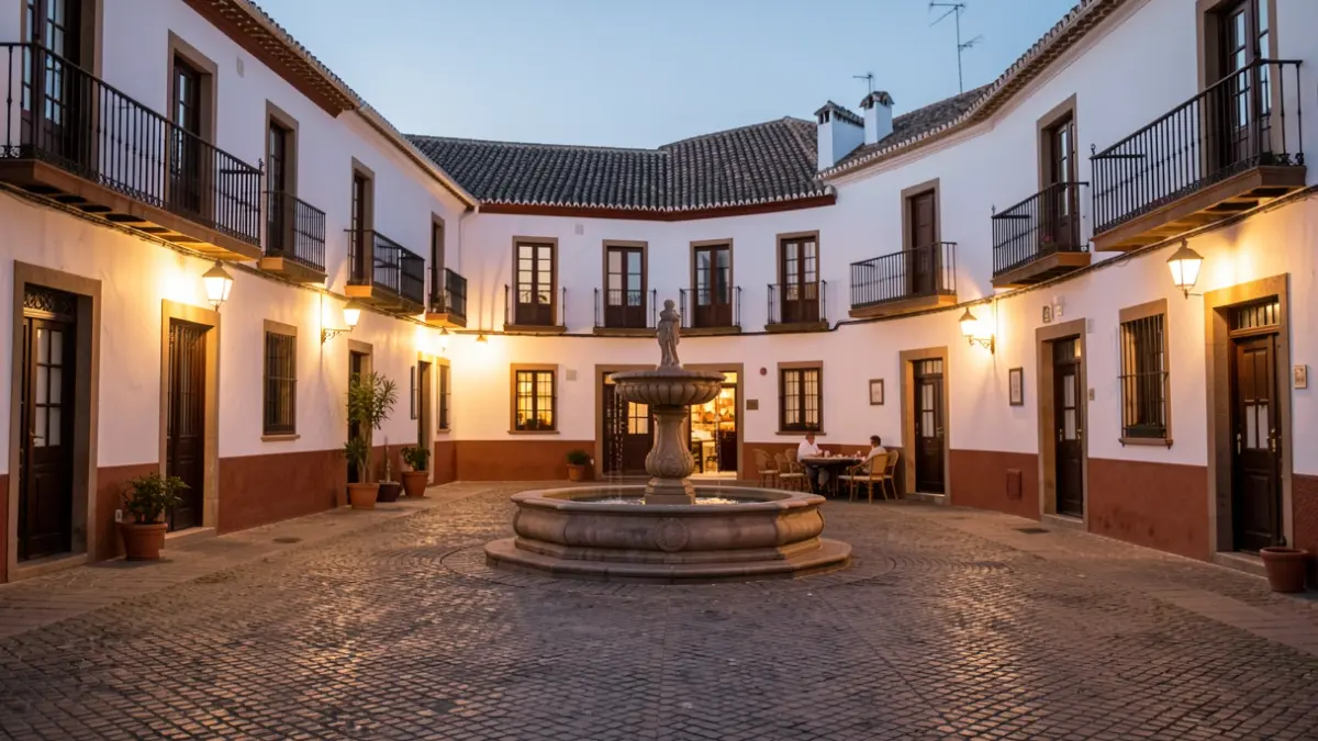 Andalusian plaza at dusk with white buildings and lit streetlamps.