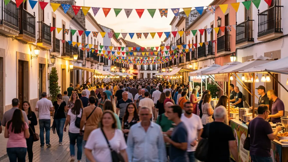 Image of the Fiesta de la Vendimia in Montilla with festive decorations and people enjoying.