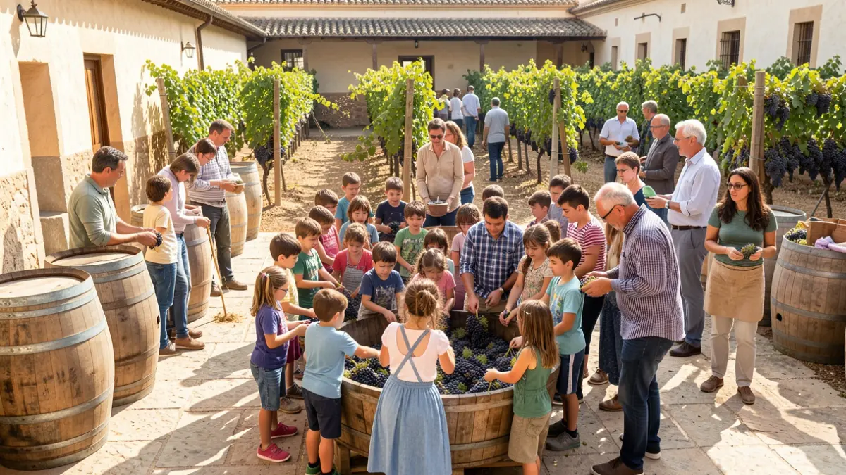 Niños y adultos pisando uvas en una bodega tradicional andaluza durante la Vendimia Infantil.