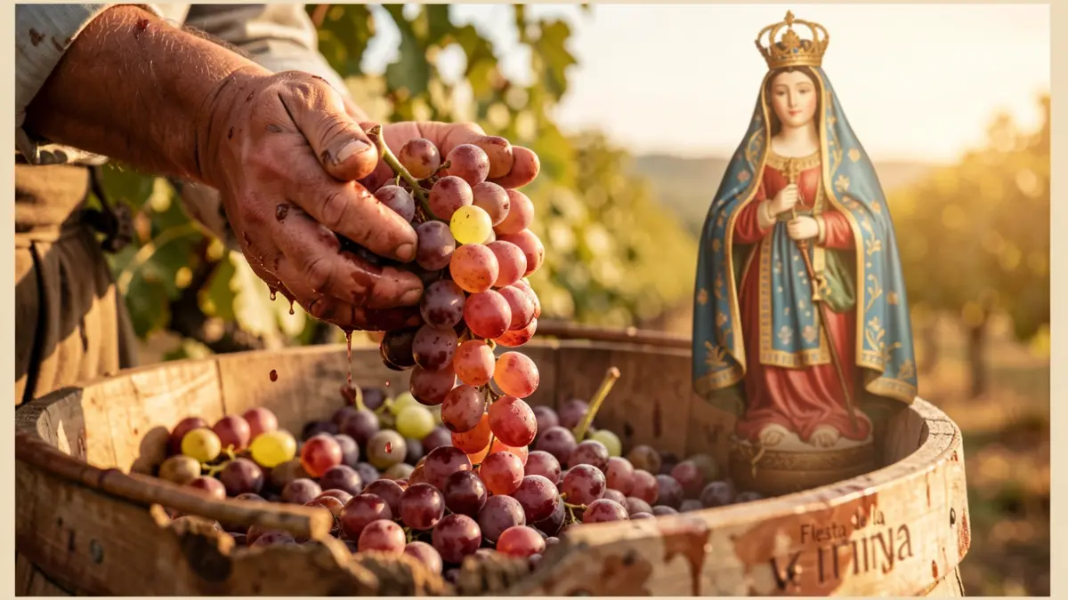 Poster for the Montilla Harvest Festival, showing grapes being crushed and the Virgen de las Viñas.