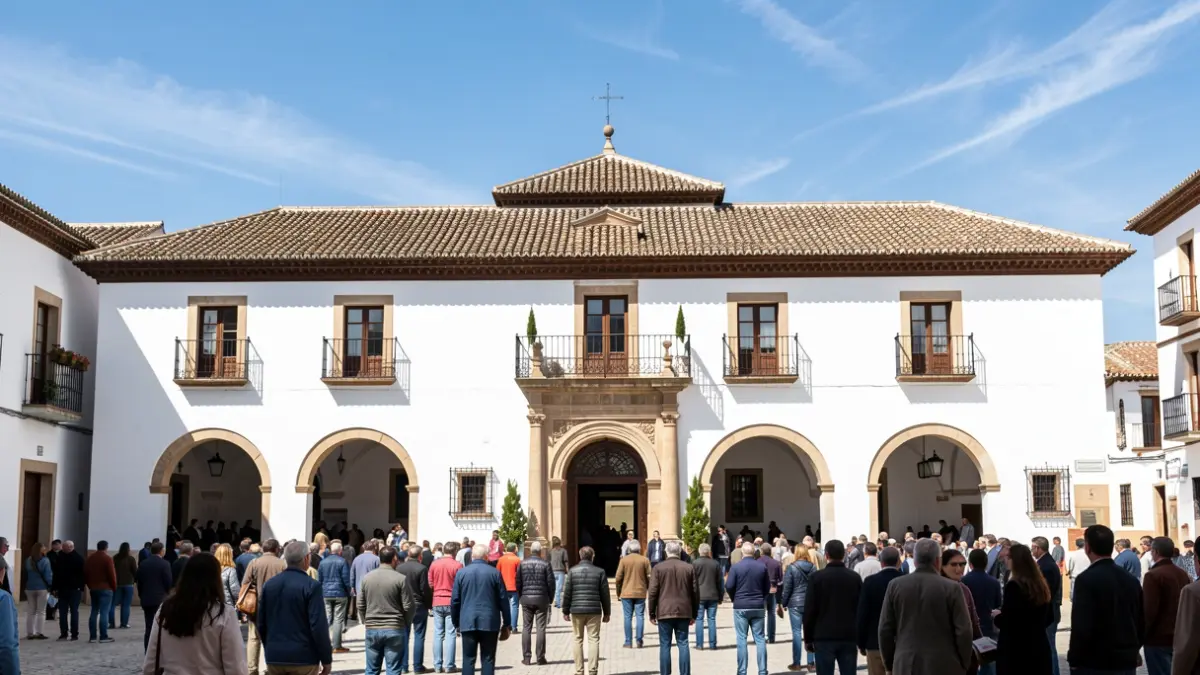 Fachada de un ayuntamiento andaluz con arcos y luz solar.