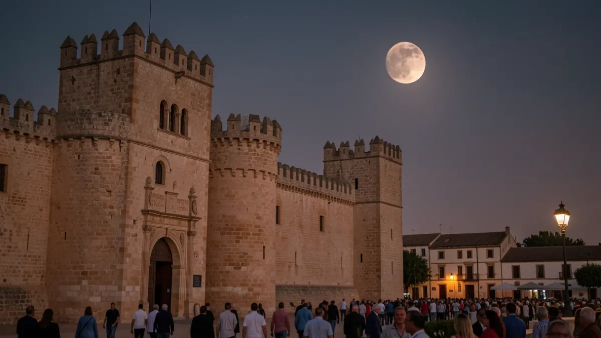 Facade of the Castillo del Gran Capitán in Montilla during a partial solar eclipse.